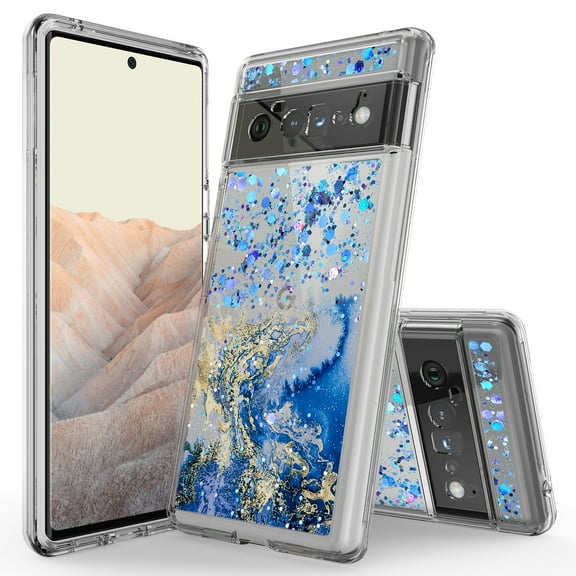 Google Pixel 6 Pro Case, Rosebono Hybrid Bling Glitter Sparkle Epoxy Graphic Marble Colorful Silicone Skin Cover Armor Case for Google Pixel 6 Pro (Blue)