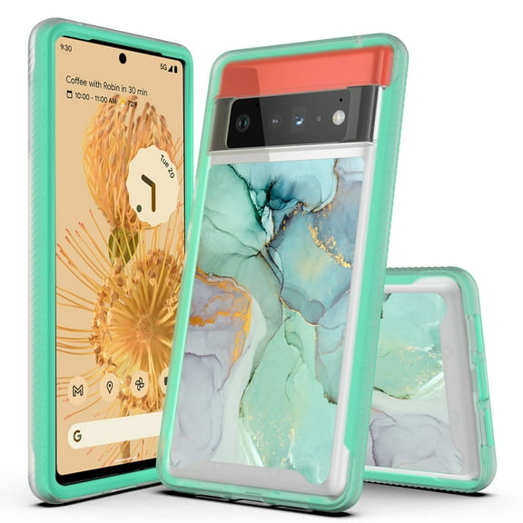 Google Pixel 6 Pro Case, Rosebono Hybrid Graphic Design Pattern Hard Back Pannel Cover Case For Google Pixel 6 Pro (Green Marble)