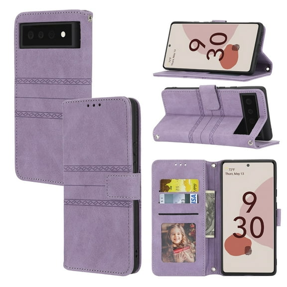 for Google Pixel 6 Pro Flip Case, Premium PU Leather Folio Flip with Design Card Slots Wrist Strap Shockproof Kickstand Magnetic Protective Girls Cover for Google Pixel 6 Pro, Lightpurple