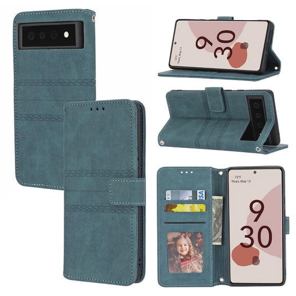 for Google Pixel 6 Pro Flip Case, Premium PU Leather Folio Flip with Design Card Slots Wrist Strap Shockproof Kickstand Magnetic Protective Girls Cover for Google Pixel 6 Pro, Darkgreen
