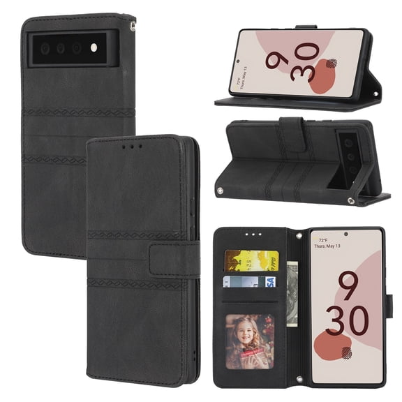 for Google Pixel 6 Pro Flip Case, Premium PU Leather Folio Flip with Design Card Slots Wrist Strap Shockproof Kickstand Magnetic Protective Girls Cover for Google Pixel 6 Pro, Black