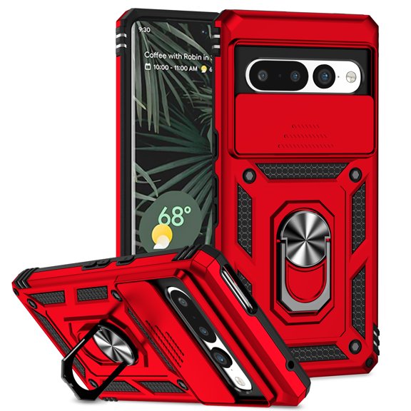 Google Pixel 6 Pro Kickstand Armor Case with Slide Camera Lens Protection Cover Built-in 360° Rotate Ring Holder Stand Magnetic Military Shockproof Phone Cover Case for Google Pixel 6 Pro,
Red