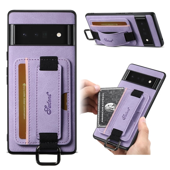 for Google Pixel 6 Pro PU Leather Card Slots Back Case, Classic Wristband Kickstand Finger Ring Shockproof Protective TPU Frame Phone Case for Google Pixel 6 Pro Women Men Boys Girls, Purple