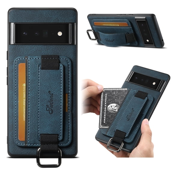 for Google Pixel 6 Pro PU Leather Card Slots Back Case, Classic Wristband Kickstand Finger Ring Shockproof Protective TPU Frame Phone Case for Google Pixel 6 Pro Women Men Boys Girls, Blue