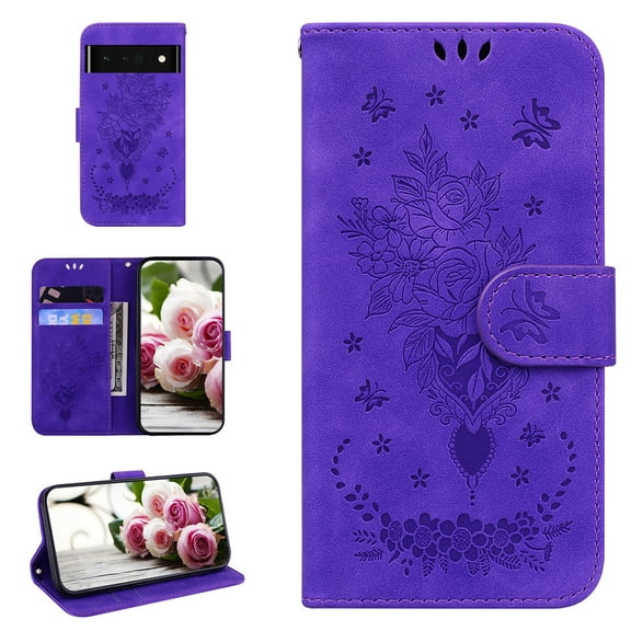 Google Pixel 6 Pro Phone Case, Butterfly Embossed Pattern PU Leather Magnetic Folio Flip Kickstand Protective Cards Pocket with Hand Strap Wallet Cover for Google Pixel 6 Pro,Purple
