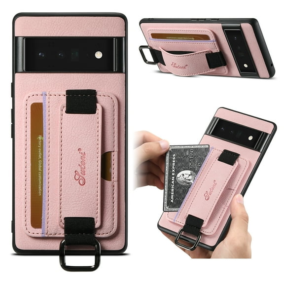 For Google Pixel 6 Pro Wallet Case, Card Holder Kickstand Phone Case for Women, Premium Leather Purse with Wrist Strap, Ring Holder Cover Credit Card Slot Cover for Google Pixel 6 Pro,Pink