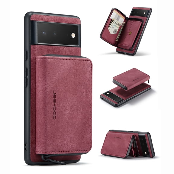 for Google Pixel 6 Pro Wallet Case, Minimalist Luxury PU Leather Magnetic Detachable Credit Card Holder, 2 in 1 Zipper ID Cash Slot, Magnetic Closure Kickstand Folio Flip Slim Cover,Red