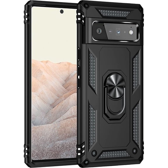 for Google Pixel 6 Pro case Heavy Duty Rugged Full Body Scratch Proof Shockproof Screen Protection Built-in 360 Ring Kickstand Military Hard Back Phone Cover for Men Women Black