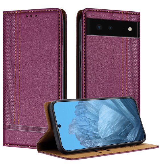 for Google Pixel 6 Slim Case with Card Holder, Premium PU Leather Wallet Case with Flip Card Slots Kickstand & Magnetic Closure for Google Pixel 6, Purple