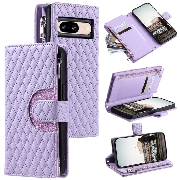 for Google Pixel 6 Wallet Case with Card Holder & Kickstand & Wrist Strap, Flip Folio Book Style PU Leather Protective Cover with Crossbody Strap for Google Pixel 6, Purple