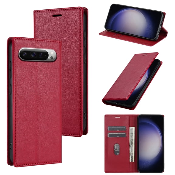 for Google Pixel 6 Wallet Case with Credit Card Holder & Cash Pocket, Luxury PU Leather RFID Blocking Folio Flip Kickstand Magnetic Clasp Protective Phone case for Women Men,Red