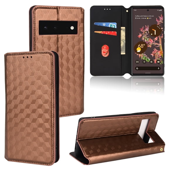 For Google Pixel 6 Wallet Case with RFID Blocking ID Credit Card Holder, Luxury Diamond Patterned Shiny PU Leather Magnetic Folio Book Flip Kickstand Shockproof Phone Case, Brown