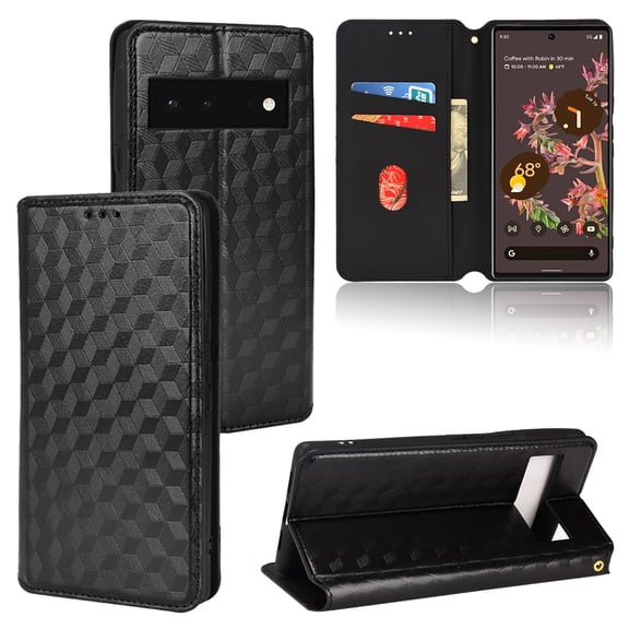 For Google Pixel 6 Wallet Case with RFID Blocking ID Credit Card Holder, Luxury Diamond Patterned Shiny PU Leather Magnetic Folio Book Flip Kickstand Shockproof Phone Case, Black