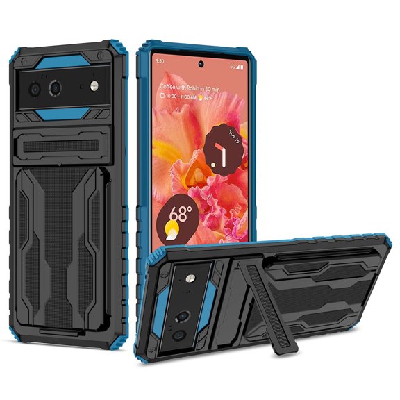 for Google Pixel 6A Camera Protection Case, Rugged PC Back & TPU Bumpers Cover with Invisible Sliding Card Slot & Kickstand Upgraded Military Shockproof Protective Shell, Blue