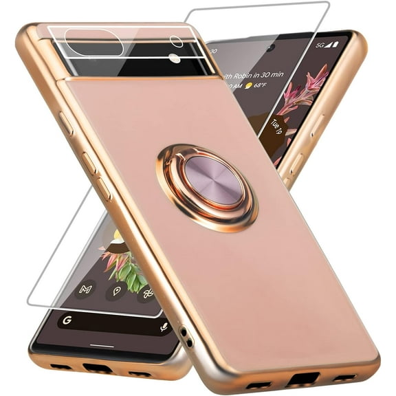 for Google Pixel 6A Case, Built-in 360 Rotation Ring Holder with Screen Protector & Camera Lens Protector, Luxury Shiny Electroplated Edged Shockproof Protective Phone Cover (Pink/Golden)