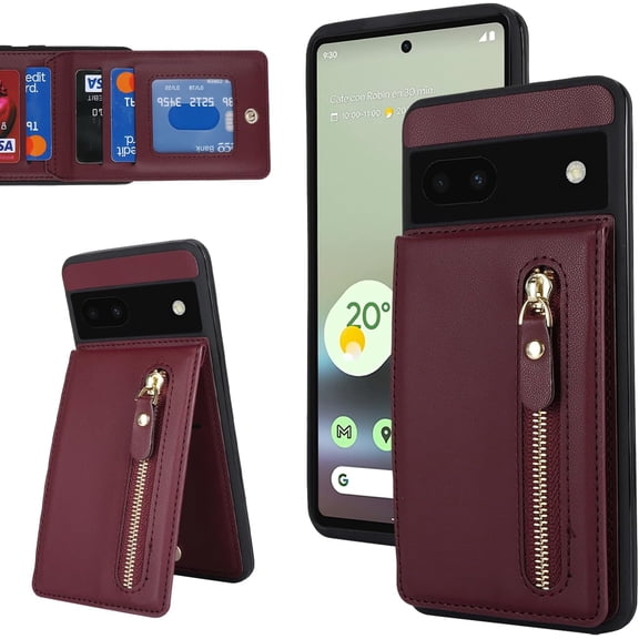 for Google Pixel 6A Case with Card Holder for Women,Pixel 6A Phone Case Wallet with Strap Credit Card with Kickstand Zipper Shockproof Case for Pixel 6A - Red Wine