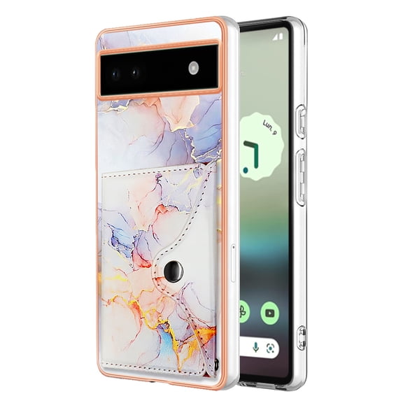 For Google Pixel 6A Marble Patterned Case with Card Holder, Back Folio Kickstand PU Leather + Soft Crystal Bumper Edge, Magnetic Clasp Back Cover For Google Pixel 6A,Marble #1