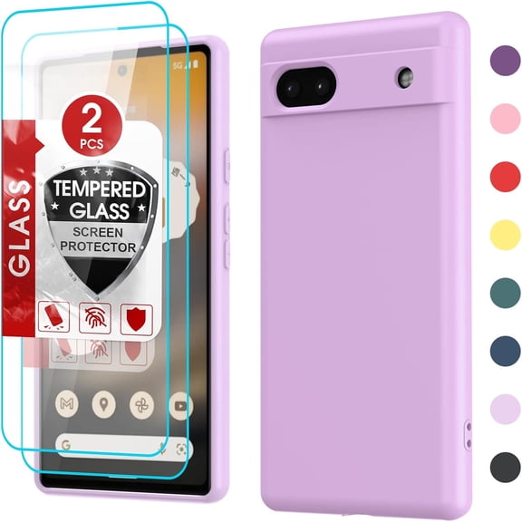 Google Pixel 6A Phone Case, Case for Pixel 6A [2022 Release] with 2 Pack Tempered Glass Screen Protector, Liquid Silicone Soft Microfiber Liner Cover Phone Case Pixel 6A, Purple