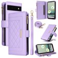 thumbnail image 1 of for Google Pixel 6A Wallet Case with RFID Blocking Card Holder, Kickstand Feature PU Leather Case with Adjustable Crossbody & Short Lanyard Magnetic Clasp Zipper Pocket Flip Cover,Purple, 1 of 9