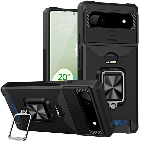 For Google Pixel 6a Case with Card Holder & 360° Magnetic Ring Stand Heavy Duty Camera Lens Slide Dual Layer Shockproof Hidden Card Slot Slim Wallet Phone Case Cover for Women Men,Black