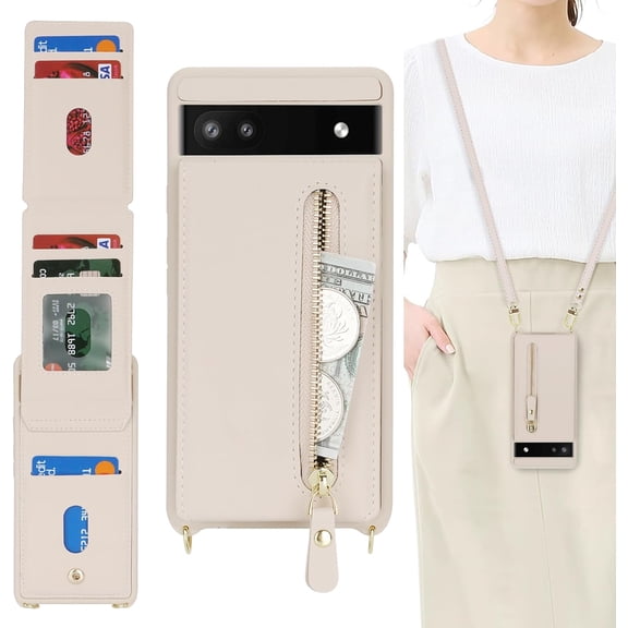 for Google Pixel 6a Case with Card Holder for Women,Pixel 6a Phone Case Wallet with Strap Credit Card Slots Crossbody with Kickstand Zipper Shockproof Case for Pixel 6a - Warm White
