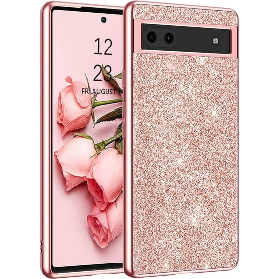 Google Pixel 6a Case, Glitter Bling Sparkly Shiny Slim Women Girls Hybrid Soft Smooth Shockproof Protective Girly Phone Cases Cover for Google Pixel 6a 6.1 Inch (2022), Rose Gold/Pink