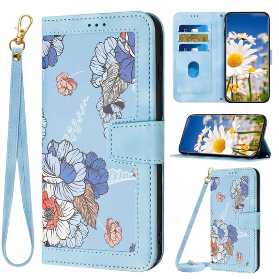 for Google Pixel 6a Case, Magnetic Closure RFID Blocking Card Slots Kickstand Shockproof Flip Wallet Handbag Flowers Case Cover with Wrist Strap Shoulder Strap for Women & Girls, Blue