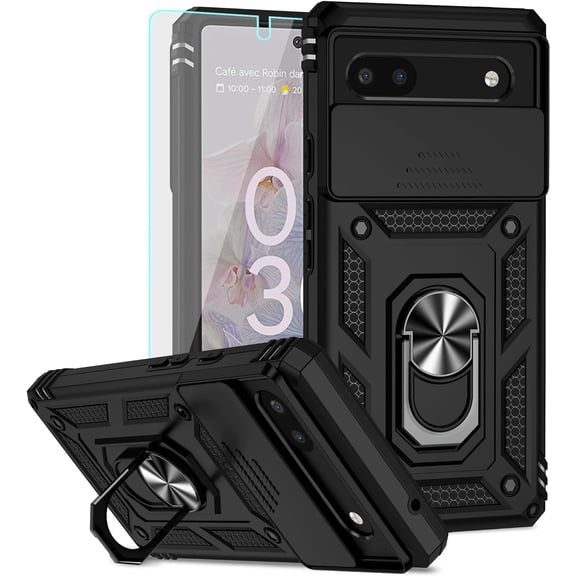 for Google Pixel 6a Case,Pixel 6a Case,with Screen Protectors and Camera Cover,[Military Grade] 16ft.Drop Tested Cover with Magnetic Kickstand Protective Case for Pixel 6a, Black