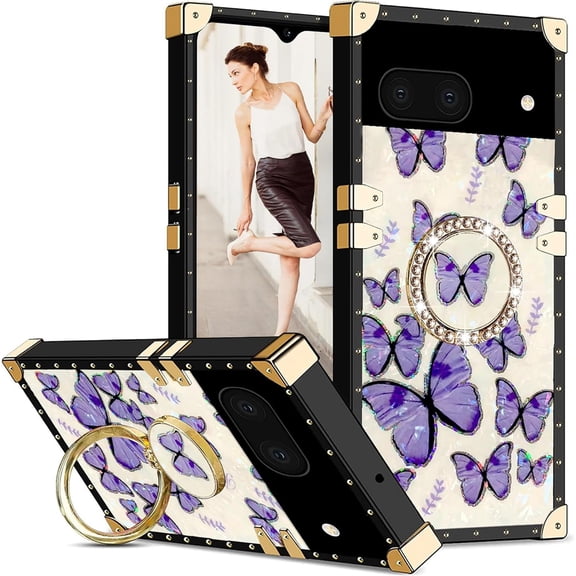 for Google Pixel 6a Case for Women,Rivet Metal Corner Design Phone Case Cover with Bling Diamond Ring Suitable for Google Pixel 6a 6.1" BF-Purple Butterfly