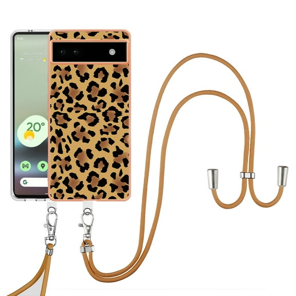 for Google Pixel 6a Crossbody Strap Phone Case, Anti-Fall Pattern Clear Design Transparent Soft & Flexible TPU Drop and Shockproof Protective Cover with Adjustable Nylon Neck Strap, Leopard