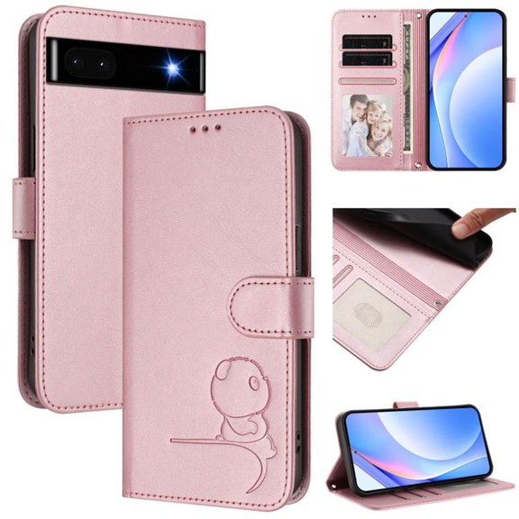 For Google Pixel 6a Litter Panda Embossing Leather Phone Case with RFID Blocking Card Slot Wallet Magnetic Clasp Lanyard Flip Stand Case,Pink,For Google Pixel 6a