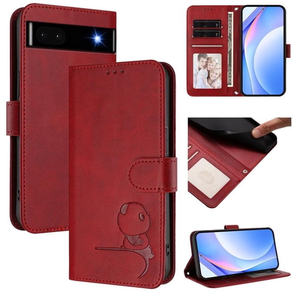 For Google Pixel 6a Litter Panda Embossing Leather Phone Case with RFID Blocking Card Slot Wallet Magnetic Clasp Lanyard Flip Stand Case,Wine Red,For Google Pixel 6a