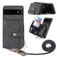 thumbnail image 1 of for Google Pixel 6a Wallet Case, PU Leather Case with Back Card Holder Kickstand, Magnetic Button Flip Folio Shockproof Zipper Crossbody Strap Purse Phone Case for Google Pixel 6a, Black, 1 of 10