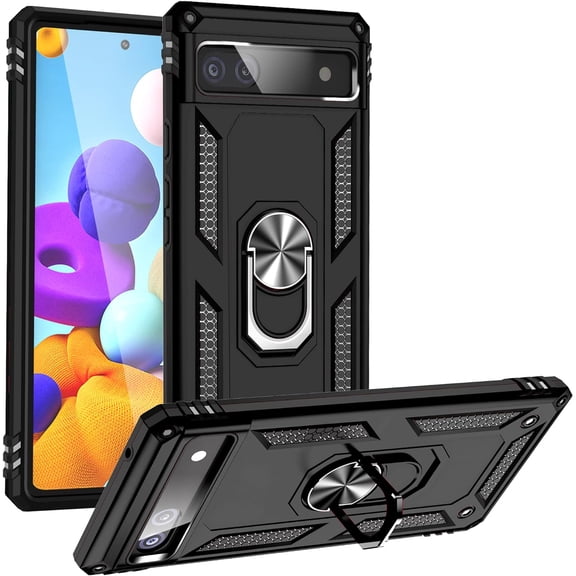 for Google Pixel 6a case Heavy Duty Rugged Full Body Scratch Proof Shockproof Screen Camera Protection Built-in 360 Ring Kickstand Military Hard Back Phone Cover for Men Women Black