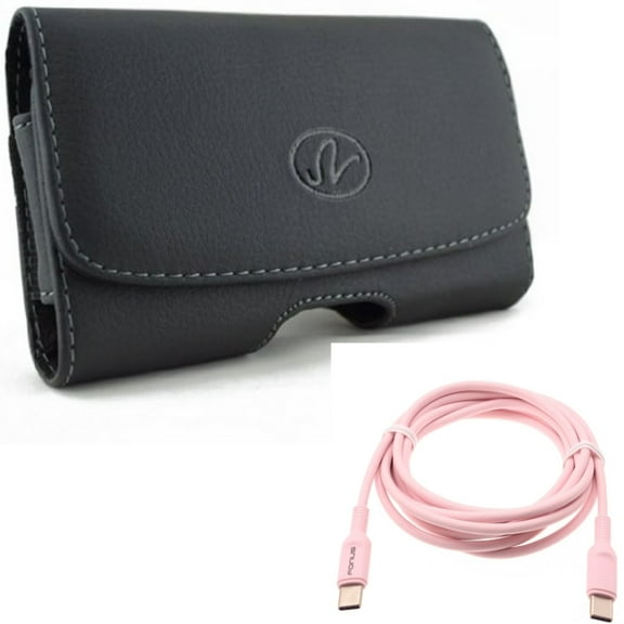 For Google Pixel 7/6a/6 - Case Belt Clip w Pink 6ft Long Cable, Leather Swivel Holster, USB-C to Type-C PD Fast Charger Cord for Google Pixel 7/6a/6 Phones