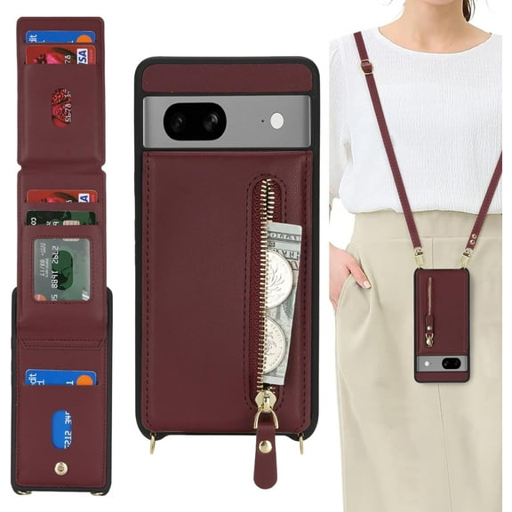for Google Pixel 7 Case with Card Holder for Women,Pixel 7 Phone Case Wallet with Strap Credit Card Slots Crossbody with Kickstand Zipper Shockproof Case for Pixel 7 - Red Wine