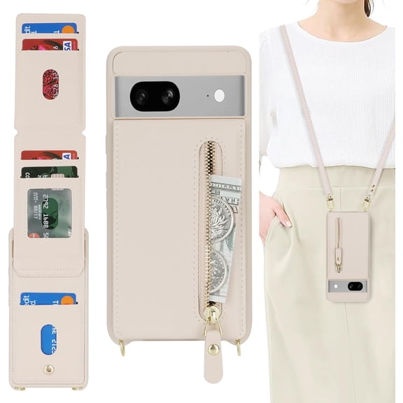 for Google Pixel 7 Case with Card Holder for Women,Pixel 7 Phone Case Wallet with Strap Credit Card Slots Crossbody with Kickstand Zipper Shockproof Case for Pixel 7 - Warm White