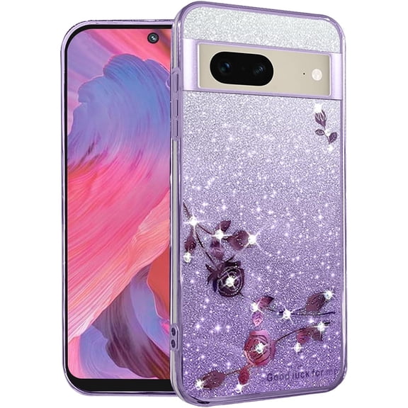 for Google Pixel 7 Case Clear Glitter Sparkle Aesthetic Google Pixel 7 Phone Case Silicone TPU Soft Flower Transparent Shockproof Cover Pruple Thin (Purple)