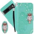 thumbnail image 1 of for Google Pixel 7 Case with Credit Card Holder, Glitter Bling Diamond PU Leather Wallet Phone Case Flip Folio Book Cover for Google Pixel 7 Owl Green, 1 of 16