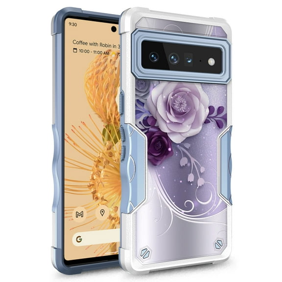 Google Pixel 7 Case, Rosebono Hybrid Dual Layer Graphic Design Pattern Heavy Duty Protection Case For Google Pixel 7 (Purple Flower)