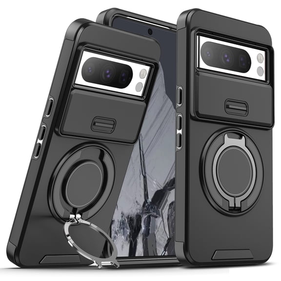 for Google Pixel 7 Case with Rotate Ring Holder Stand & Sliding Camera Lens Cover, Shockproof Rugged Drop Protection Heavy Duty Phone Case Compatible for Google Pixel 7, Black
