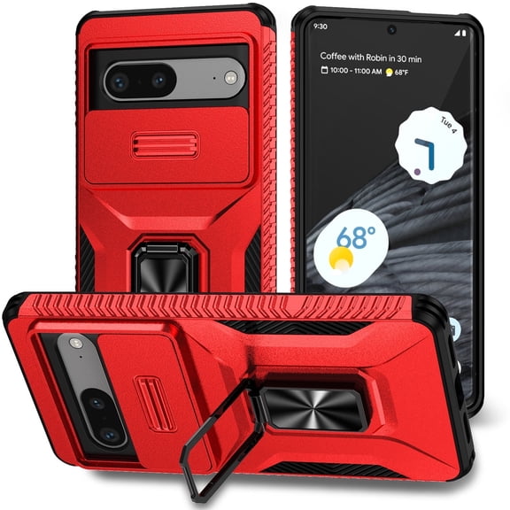 for Google Pixel 7 Case with Slide Camera Cover,Magnetic Rotated Kickstand Rubber Case Hard PC Camera Protection Military Grade Shockproof Heavy Duty Protective Cover,Red