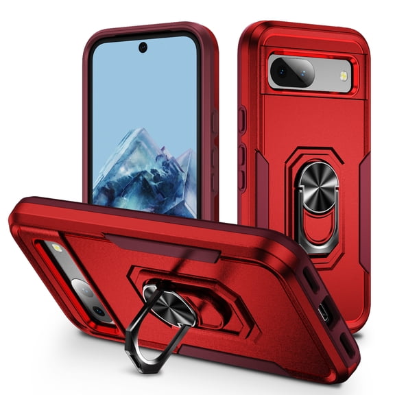 for Google Pixel 7 Case, Slim Fit Military Grade Drop Tested Dual Layer Shockproof Case with 360 Ring Holder Kickstand Protective Rugged Car Magnetic Non-Slip Phone Case,Rose+Red