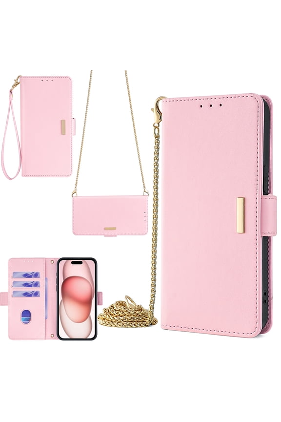 for Google Pixel 7 Case Wallet, Credit Card Holder RFID Blocking Case with Crossbody Chain & Wrist Strap Quilted PU Leather Kickstand Magnetic Clasp Purse Handbag Shockproof Case,Pink