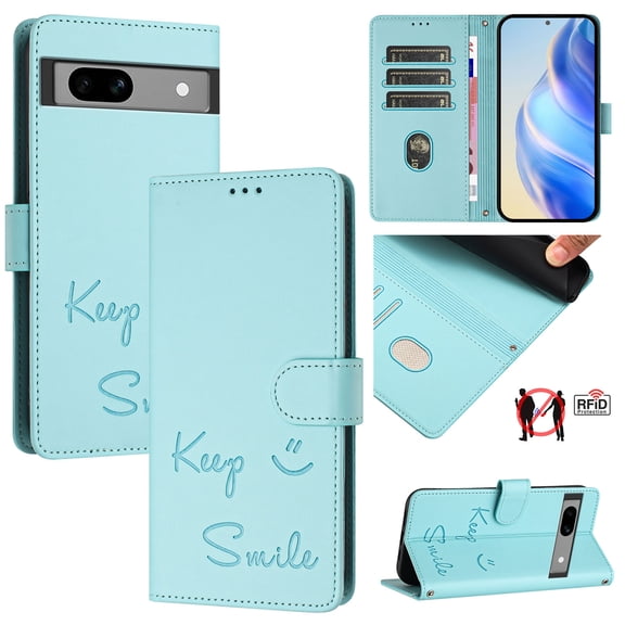 for Google Pixel 7 Case Wallet with RFID Blocking Card Holder, Shoulder Strap & Wrist Strap, Smile Pattern PU Leather Magnetic Clasp Flip Purse Case for Google Pixel 7, Mint