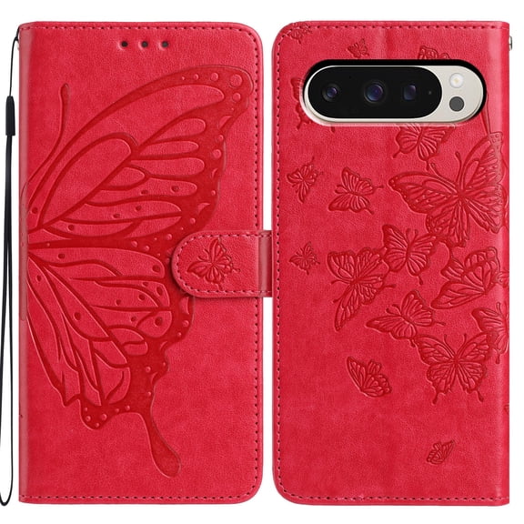 For Google Pixel 7 Folio Wallet Case with Wrist Strap, Embossed Butterfly Pattern, Lightweight Protective PU Leather Phone Case with Credit Card/Cash Slots, Magnetic Closure, Red