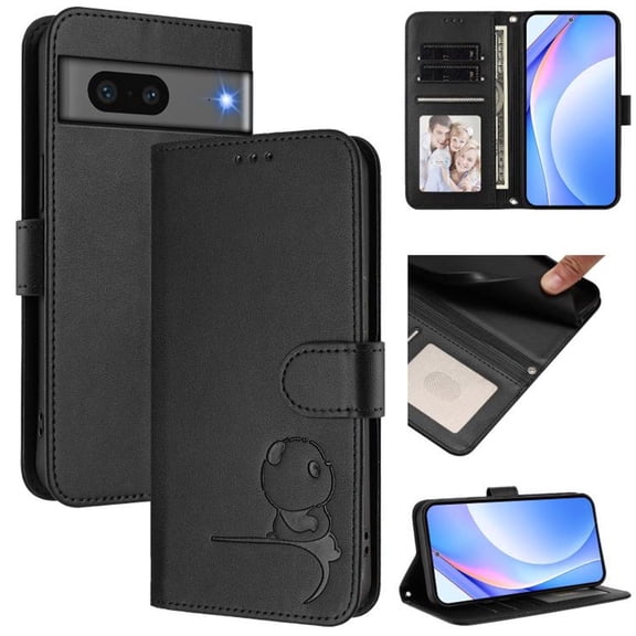 For Google Pixel 7 Litter Panda Embossing Leather Phone Case with RFID Blocking Card Slot Wallet Magnetic Clasp Lanyard Flip Stand Case,Black,For Google Pixel 7