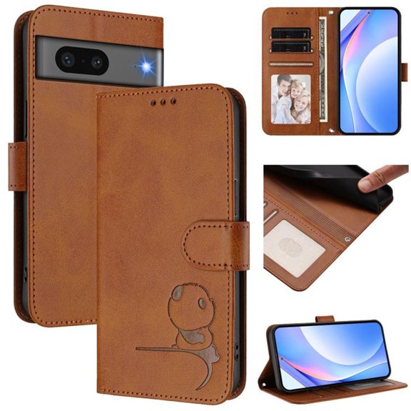 For Google Pixel 7 Litter Panda Embossing Leather Phone Case with RFID Blocking Card Slot Wallet Magnetic Clasp Lanyard Flip Stand Case,Brown,For Google Pixel 7