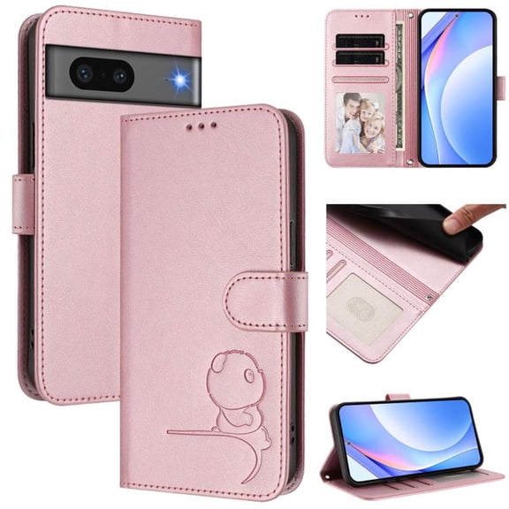 For Google Pixel 7 Litter Panda Embossing Leather Phone Case with RFID Blocking Card Slot Wallet Magnetic Clasp Lanyard Flip Stand Case,Pink,For Google Pixel 7