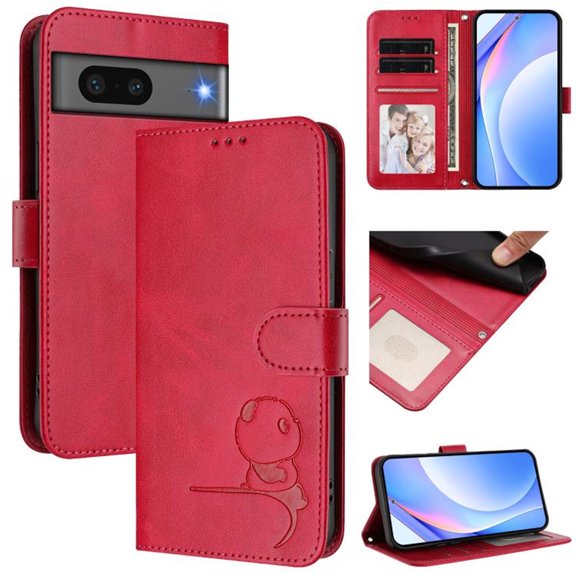 For Google Pixel 7 Litter Panda Embossing Leather Phone Case with RFID Blocking Card Slot Wallet Magnetic Clasp Lanyard Flip Stand Case,Rose Red,For Google Pixel 7